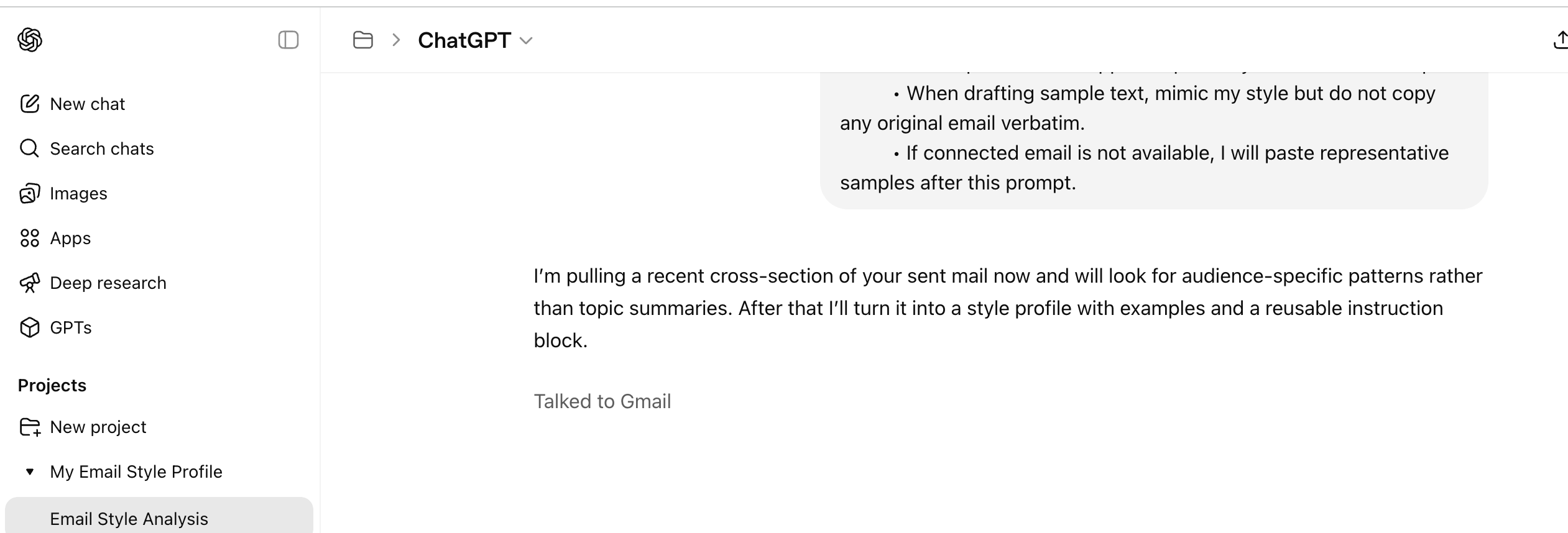 ChatGPT analyzing email style in the My Email Style Profile project