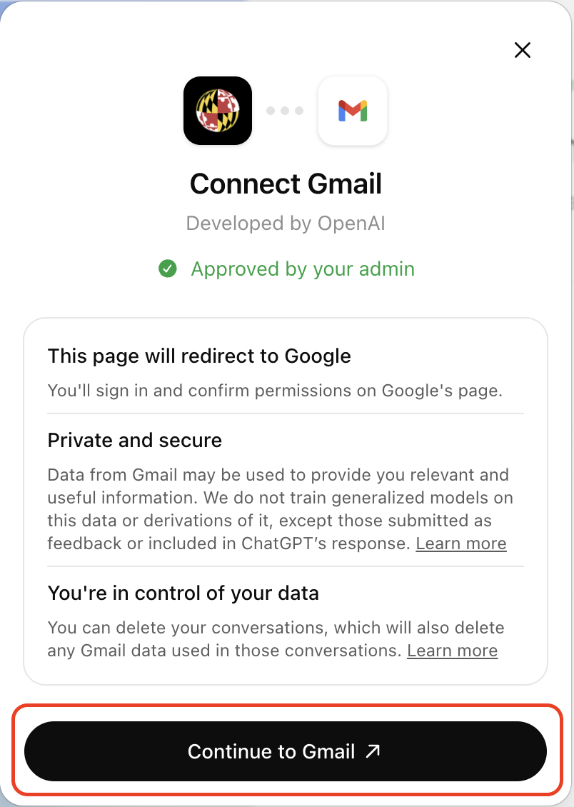 Connect Gmail screen with Continue to Gmail button