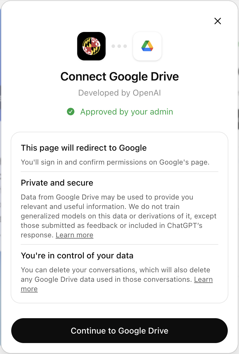 Connect Google Drive screen with Continue to Google Drive button