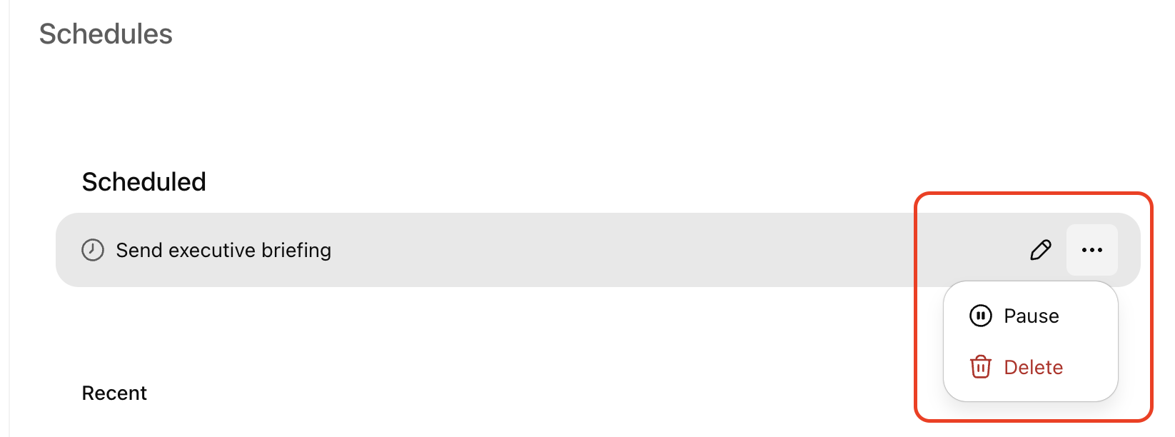 ChatGPT Schedules list showing pencil edit button and menu for pause or delete