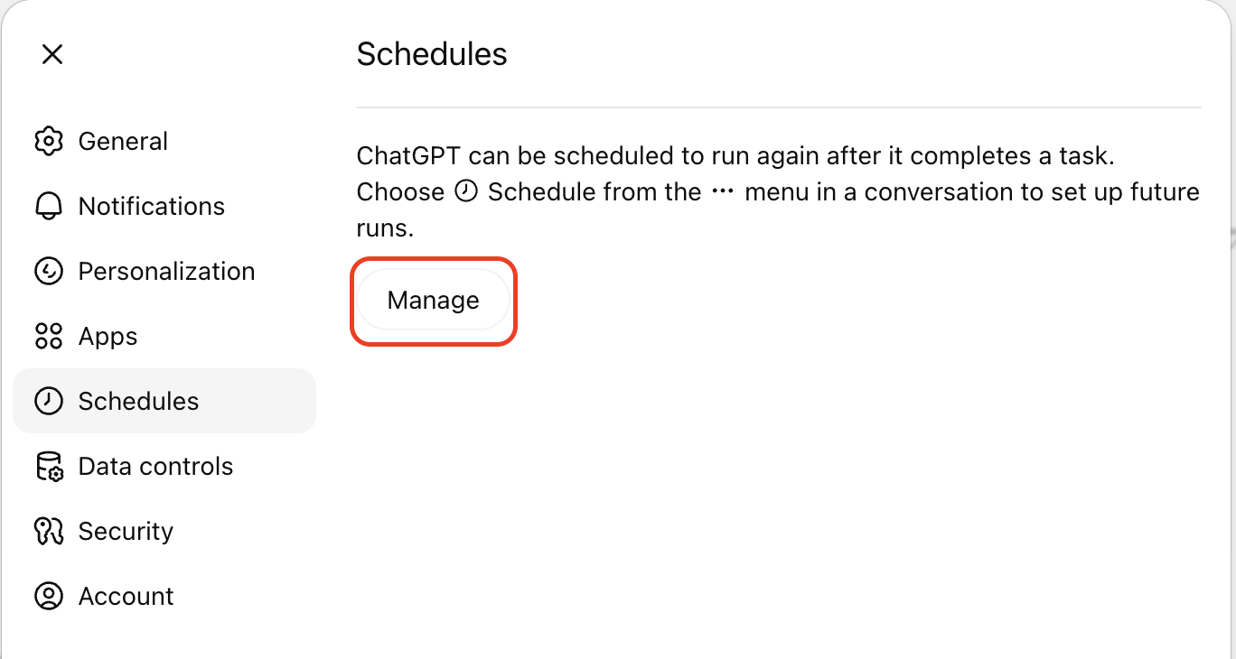 ChatGPT Settings Schedules page with Manage highlighted