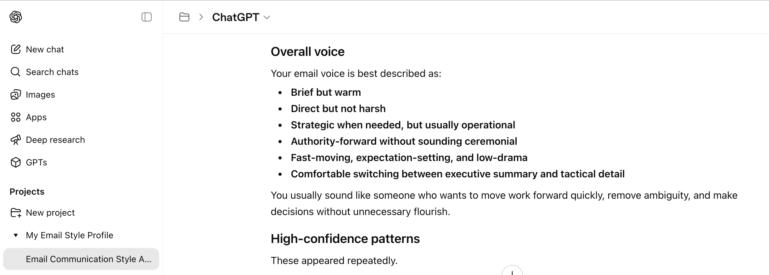ChatGPT style profile output showing overall voice and high-confidence patterns